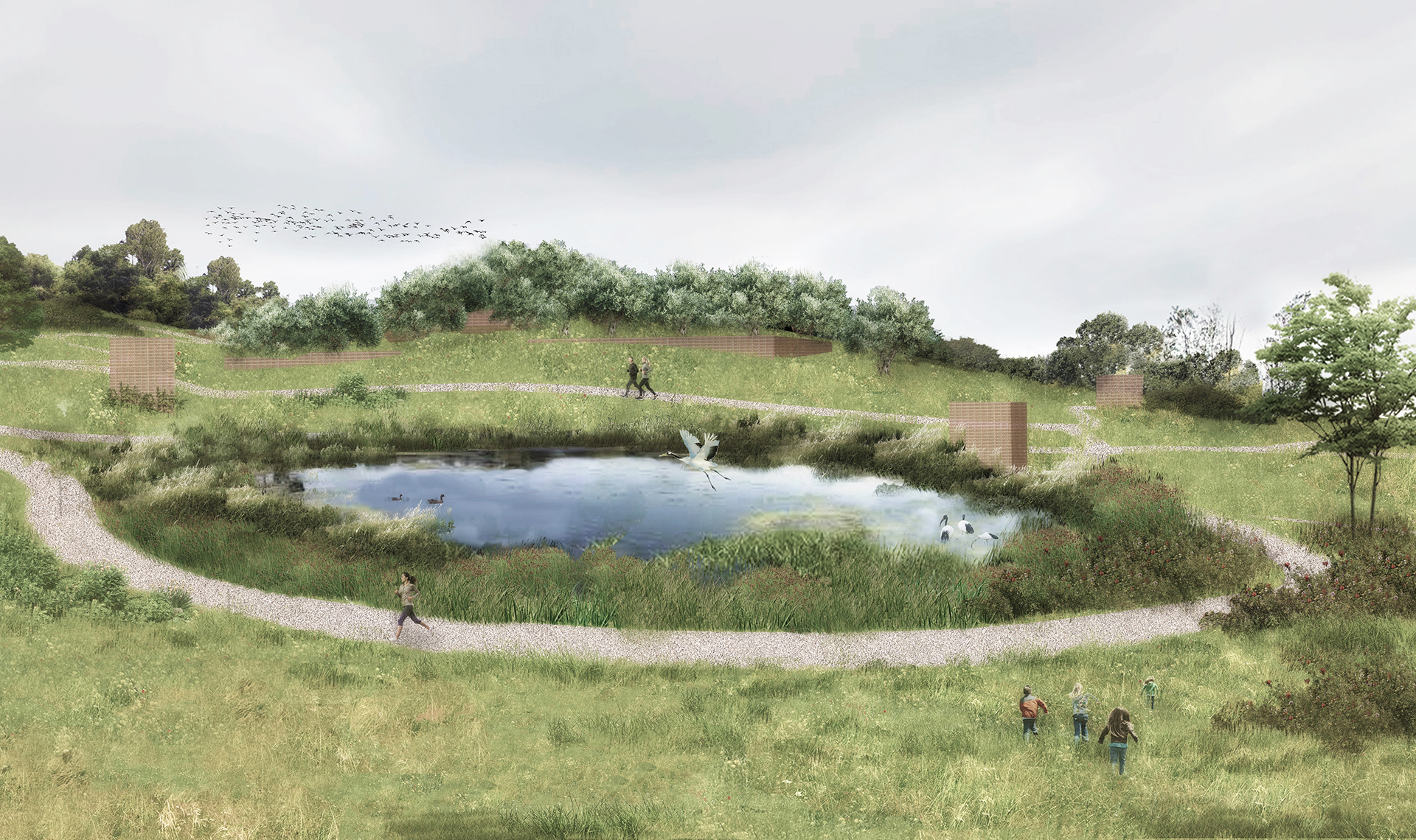 Rewilding and environmental reclamation of a former clay pit / The Guardian Park